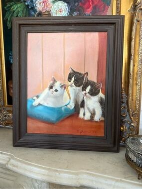 Cat Painting Wall Art - Brown Frame